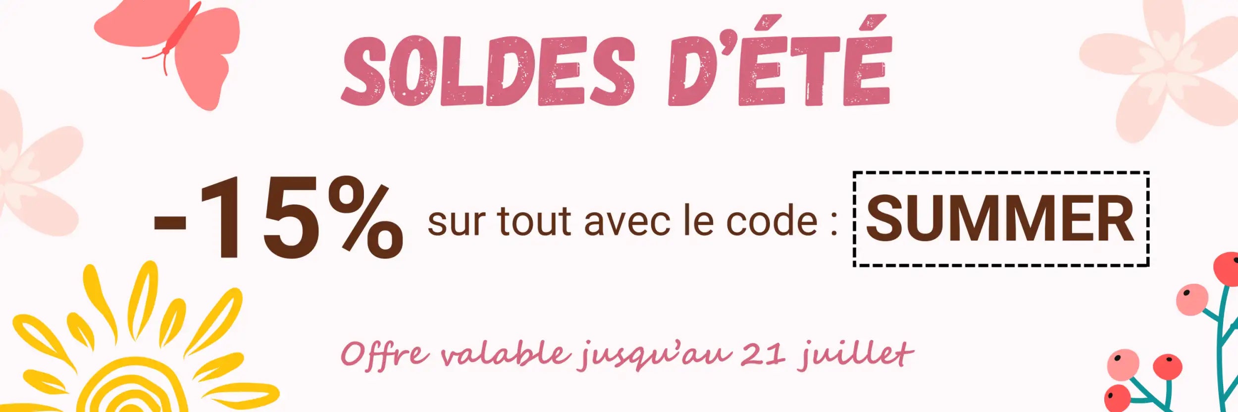 Bannière de vente d’été rose et jaune avec des illustrations florales et solaires.