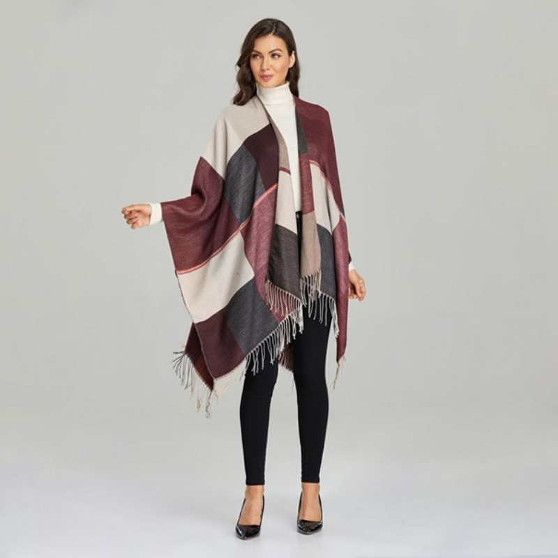 Poncho Femme Carreaux Bordeaux - Bordeaux
