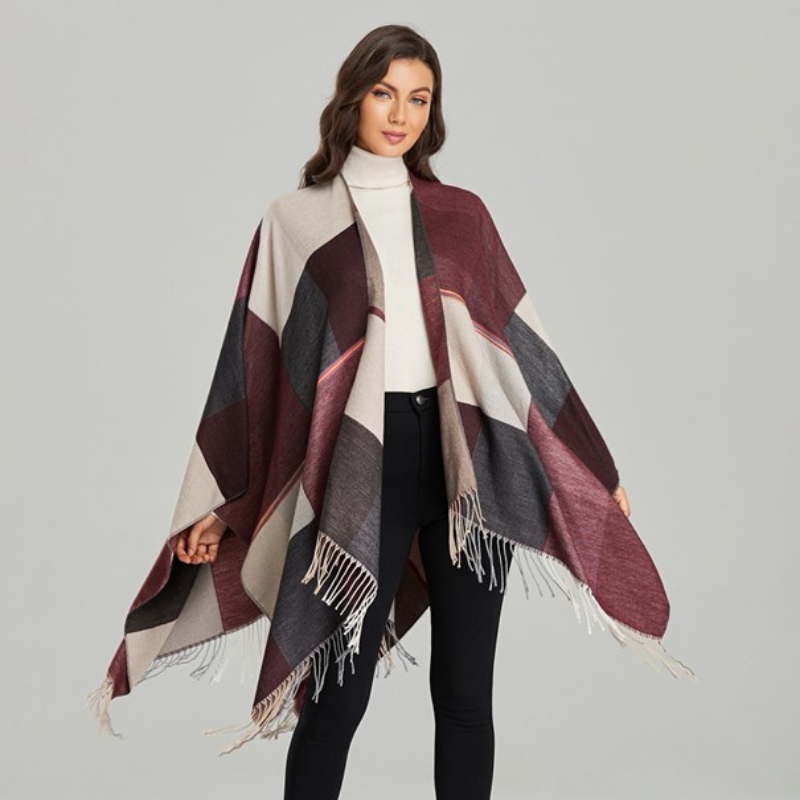 Poncho Femme Bordeaux Et Noir Tejidos Diaz – Taille Unique – Fait Main En Equateur – Occasion Parfait état – Style Bohème