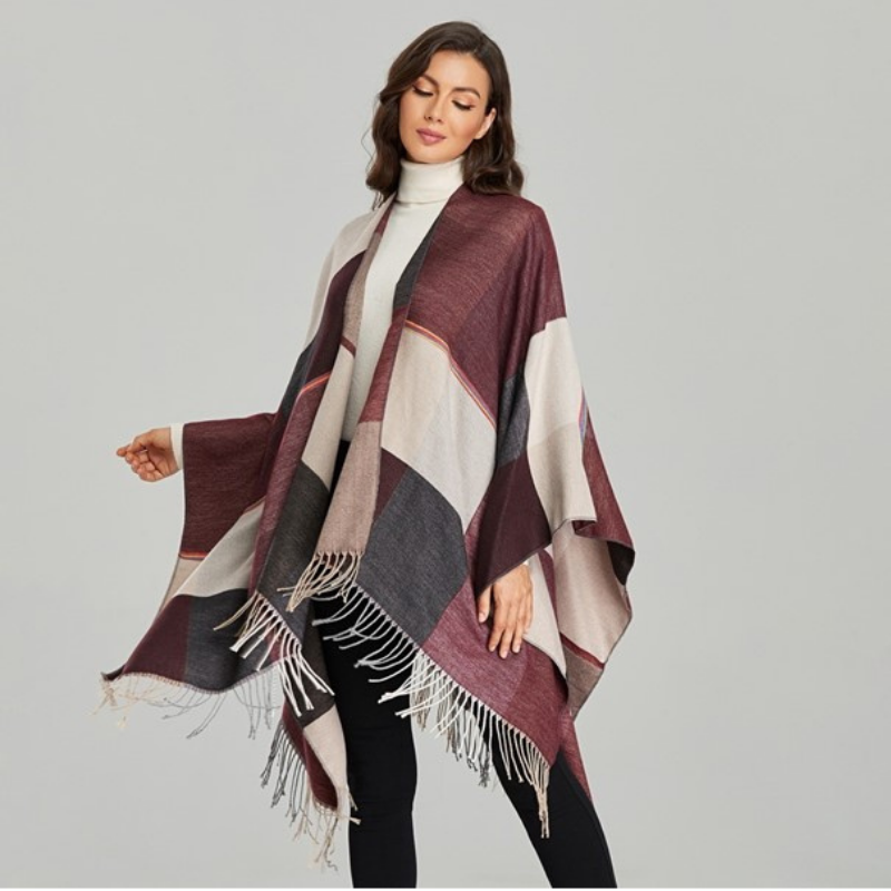 Poncho Femme Carreaux Bordeaux - Bordeaux
