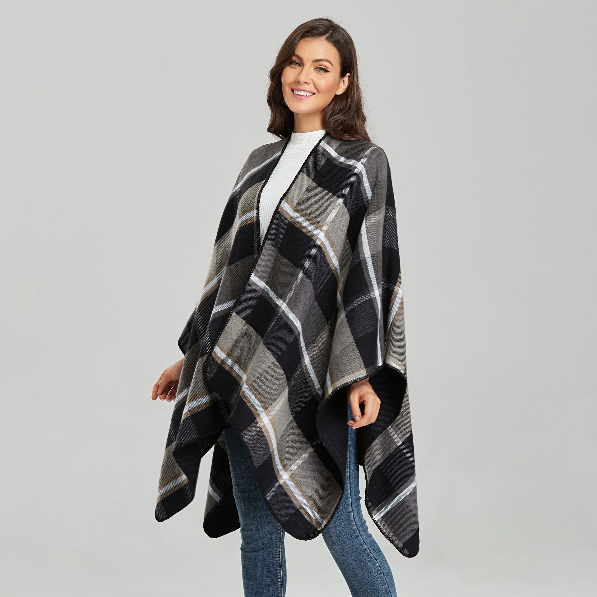 Poncho Carreaux Femme Noir & Gris - Noir & Gris