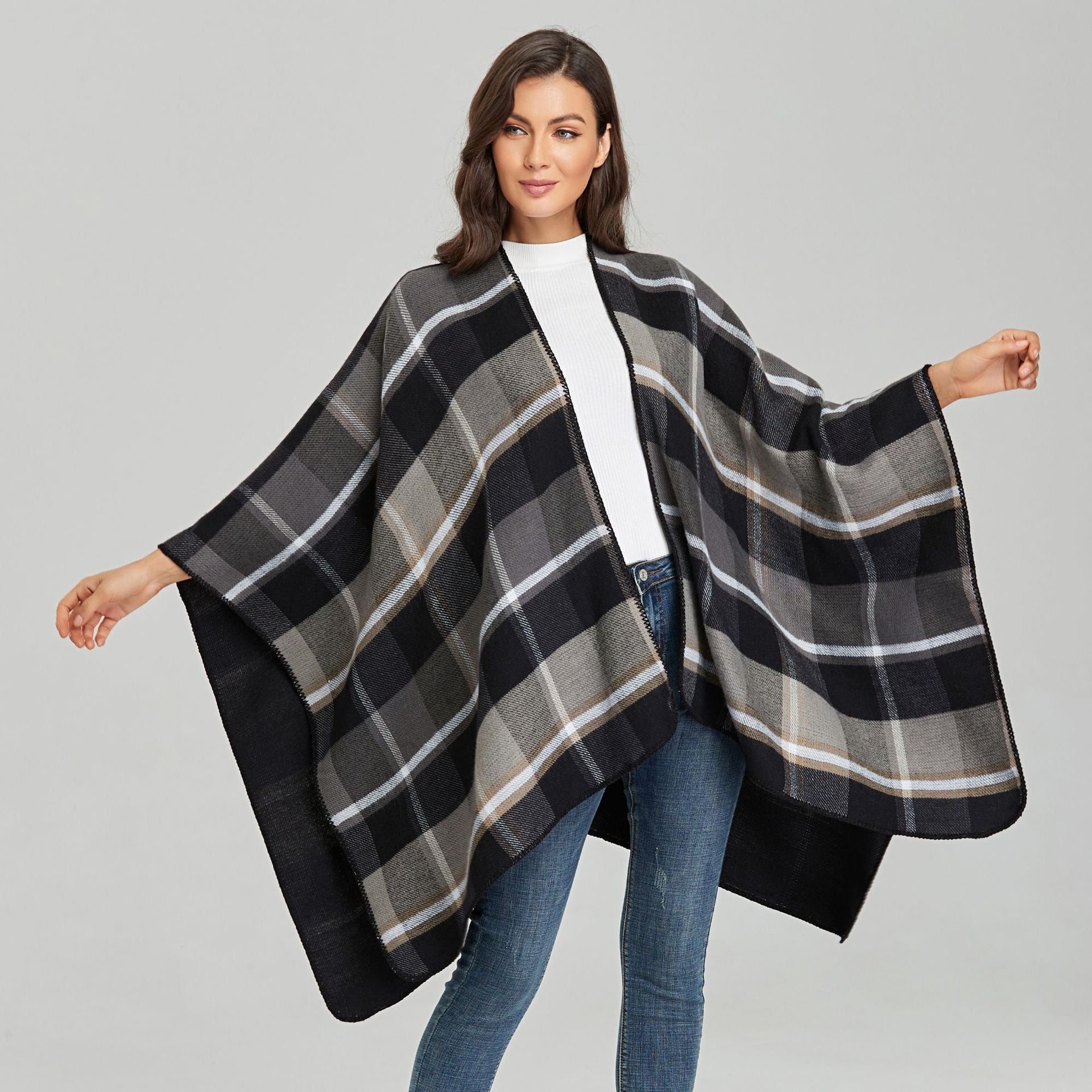 Poncho Carreaux Femme Noir & Gris - Noir & Gris