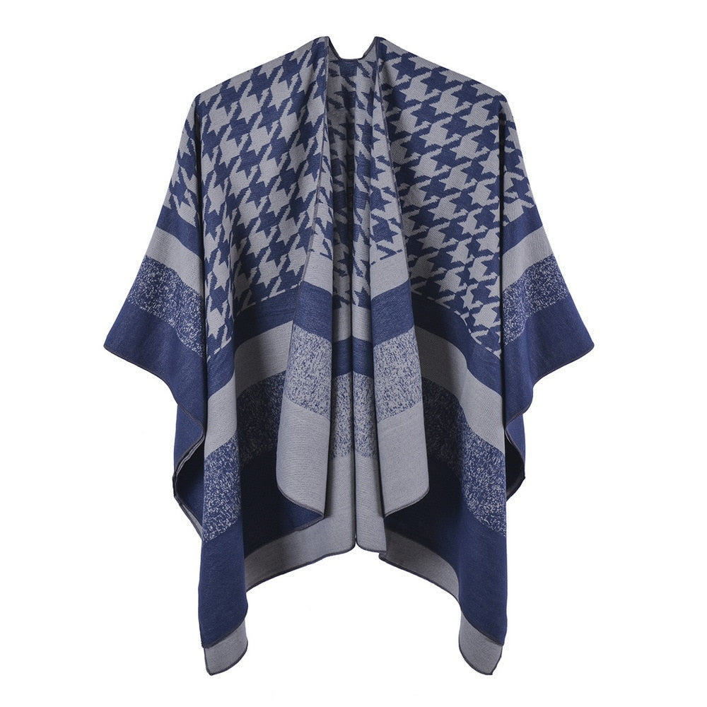 Poncho Femme Pied de Poule - bleu / Unique