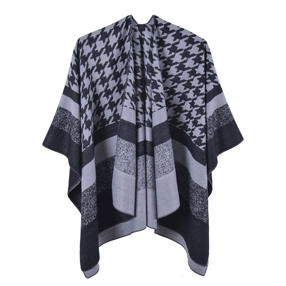 Poncho Femme Pied de Poule - gris / Unique