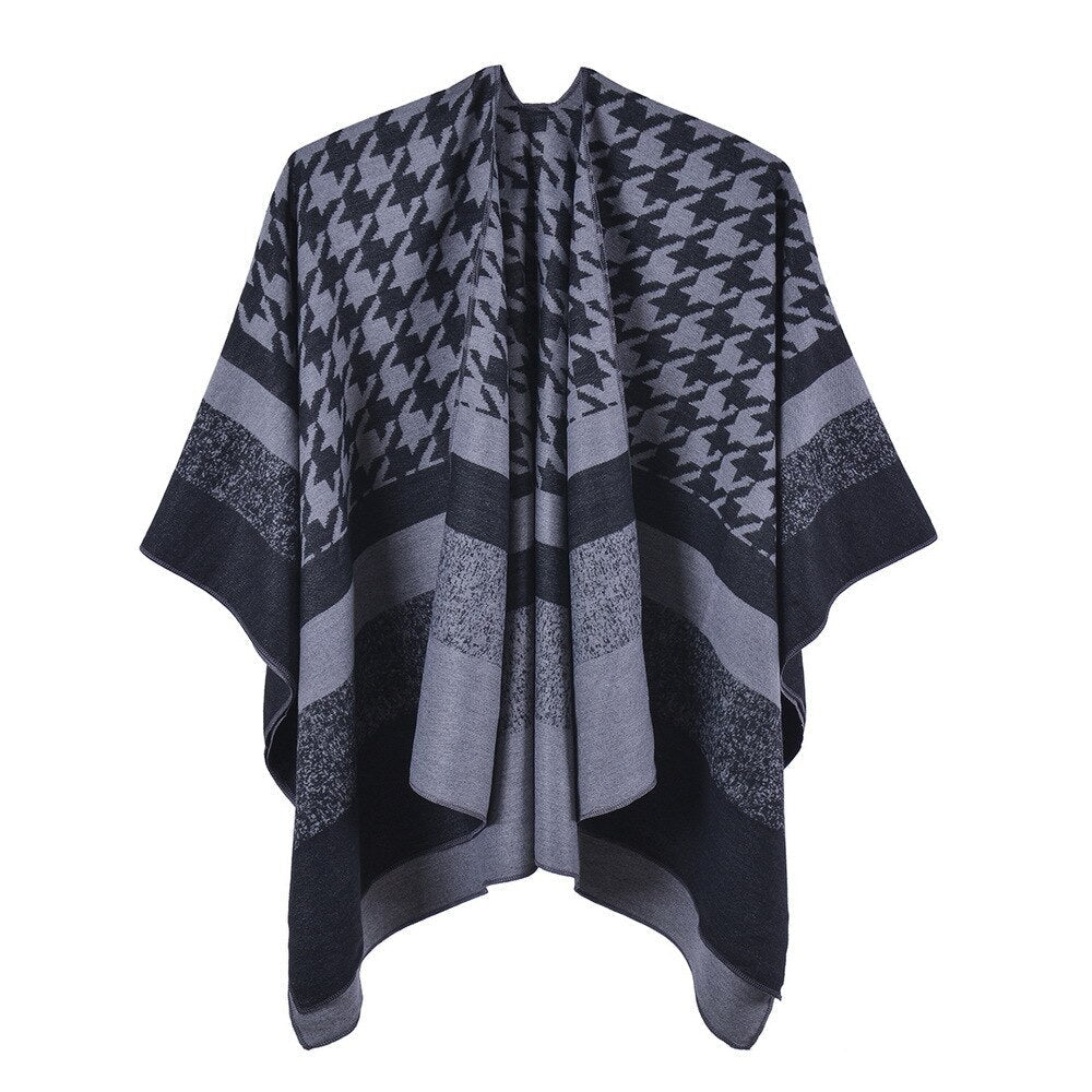 Poncho Femme Pied de Poule - noir / Unique