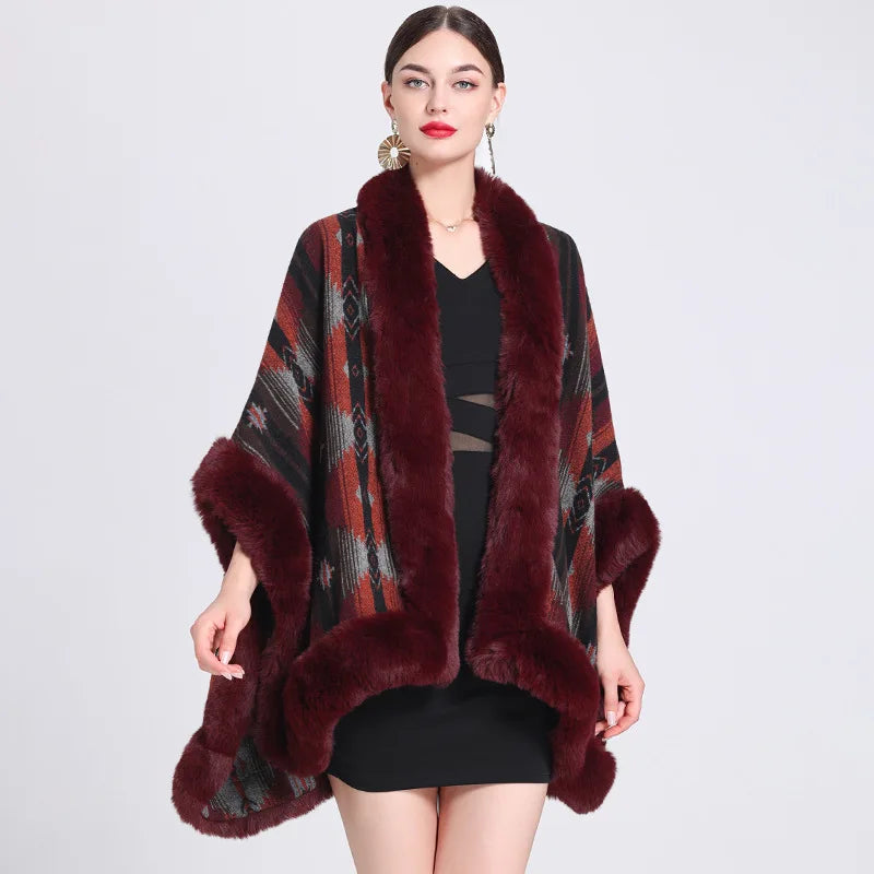 Poncho Femme Motif Ethnique - bordeaux