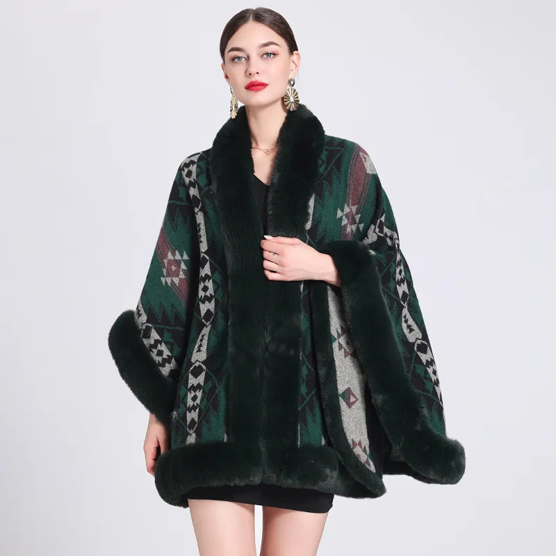 Poncho Femme Motif Ethnique - vert