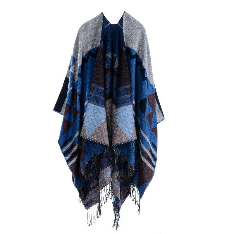 Poncho avec Franges - bleu