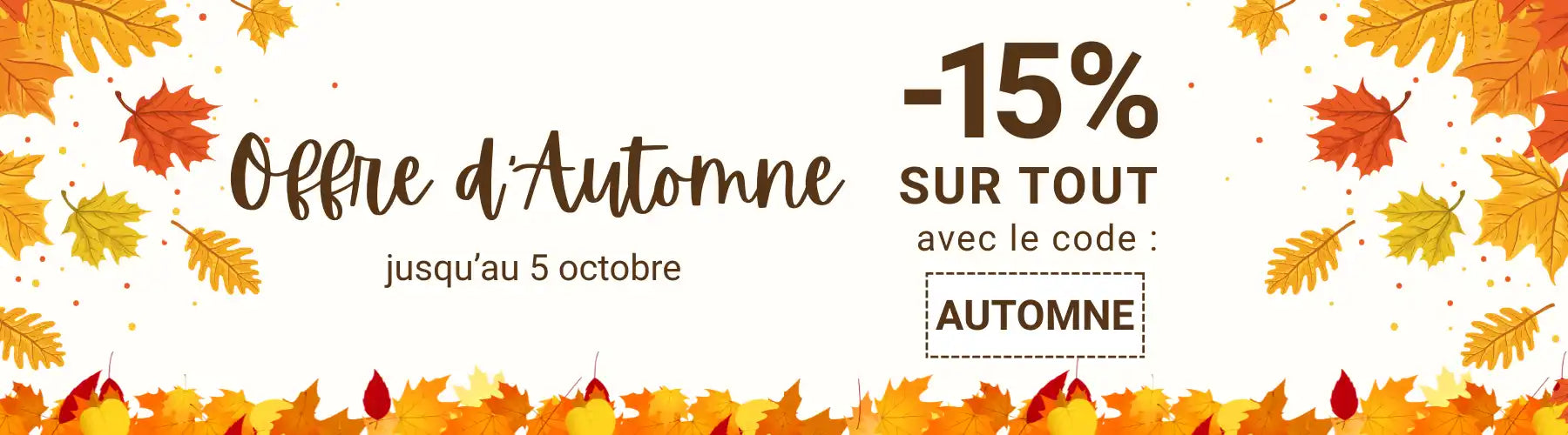 Bannière de vente d'automne avec un code de réduction de 15 %.