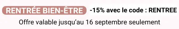 Un bandeau rectangulaire beige aux coins arrondis, avec un texte noir en gras indiquant « rentré bien-être -15 % avec le code : rentree » et un texte noir plus petit en dessous indiquant « offre valable jusqu’au »