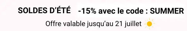 Bannière de promotion d’été avec du texte noir sur fond blanc annonçant une réduction de 15 % à l’aide du code summer, valable jusqu’au 21 juillet.