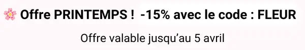 Bannière de promotion printanière avec icône florale rose et texte noir offrant 15 % de réduction avec le code fleur, valable jusqu'au 5 avril.