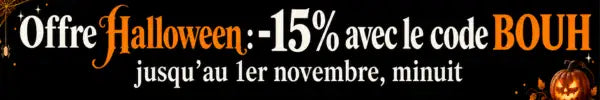 Bannière de soldes d’Halloween avec du texte orange et noir faisant la promotion d’une réduction de 15 % à l’aide du code bouh.