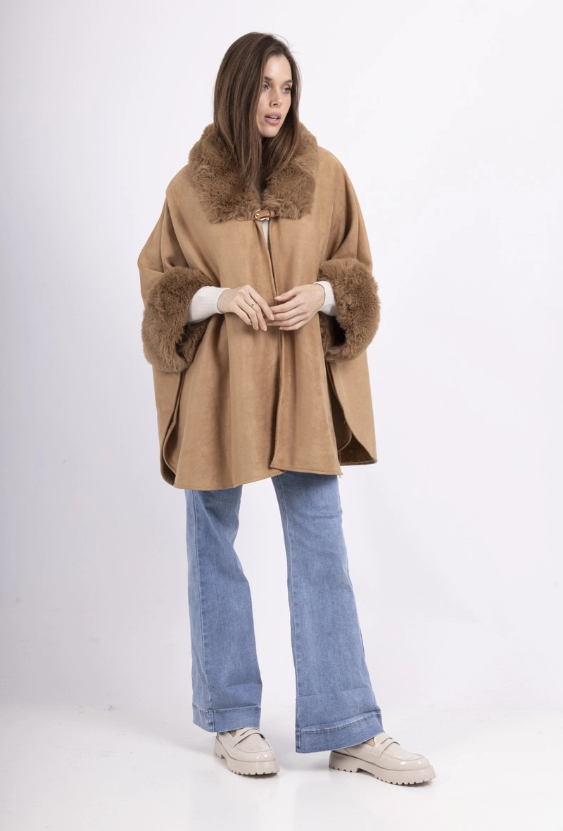Cape Femme Col Fourrure - camel