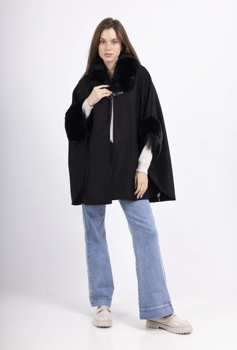 Cape Femme Col Fourrure - Noir