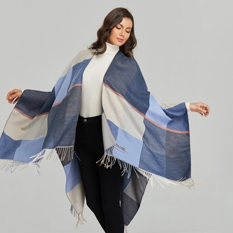 Poncho Femme Carreaux Bleu - Bleu