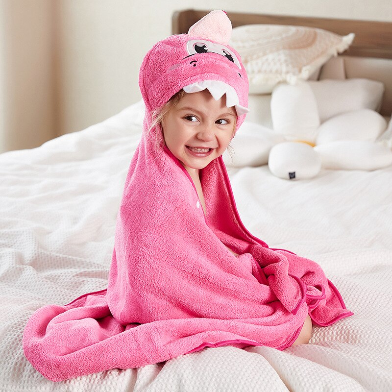 Poncho Bain Enfant Dino Rose - dinosaure rose / 80x130 cm