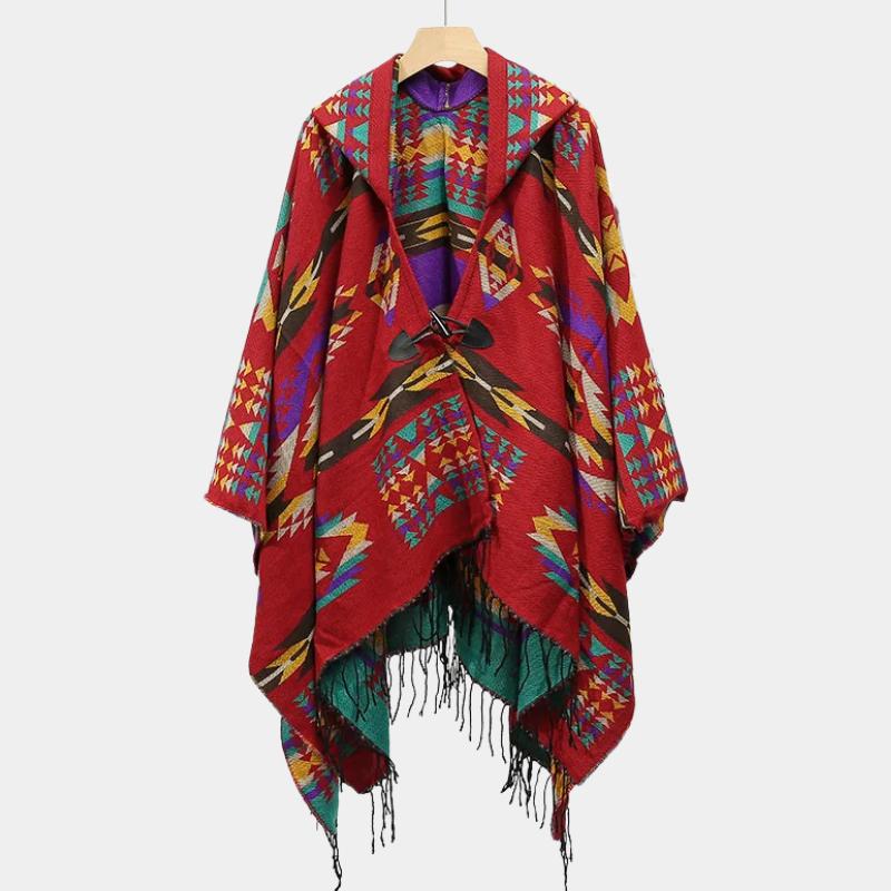 Poncho Ethnique Homme - rouge avec bouton