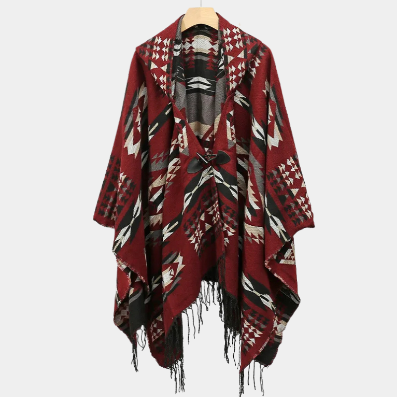 Poncho Ethnique Homme - rouge noir avec bouton