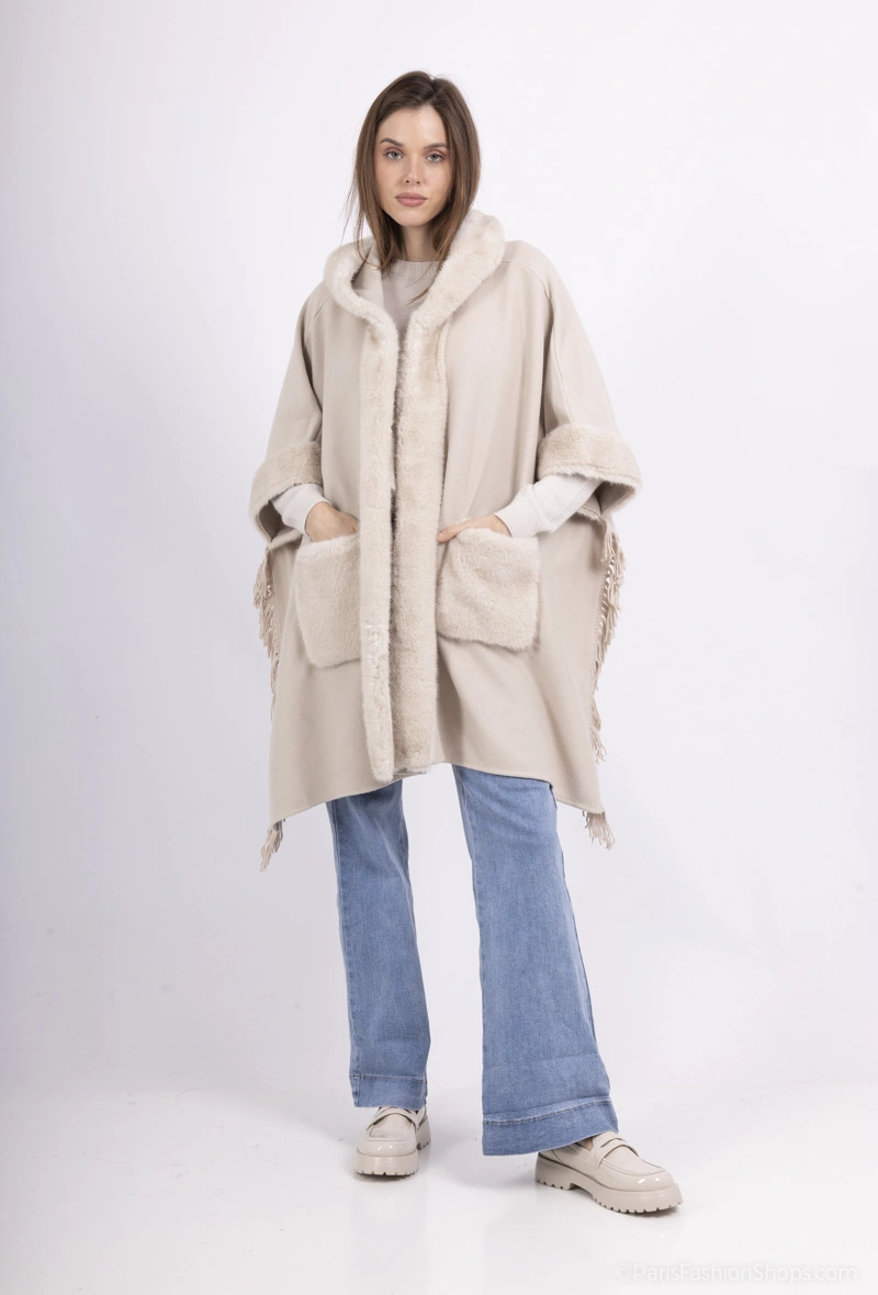 Poncho Femme Capuche Fourrée - beige