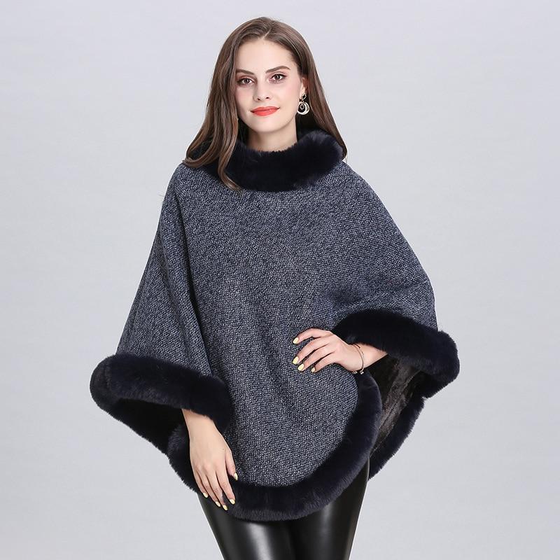 Poncho Femme Col Fourrure - Bleu