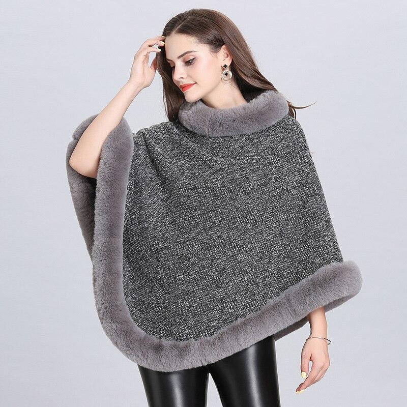 Poncho Femme Col Fourrure - Gris