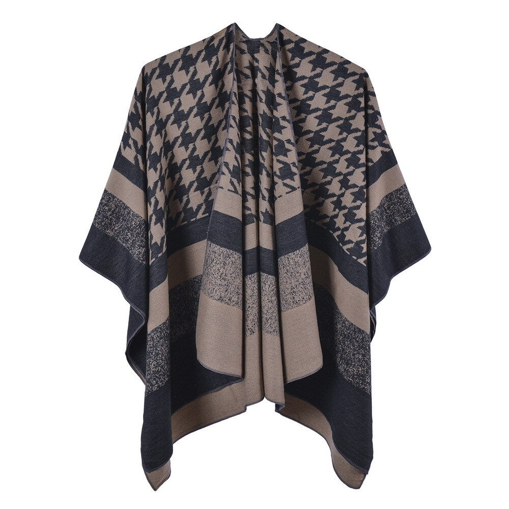 Poncho Femme Pied de Poule - kaki / Unique