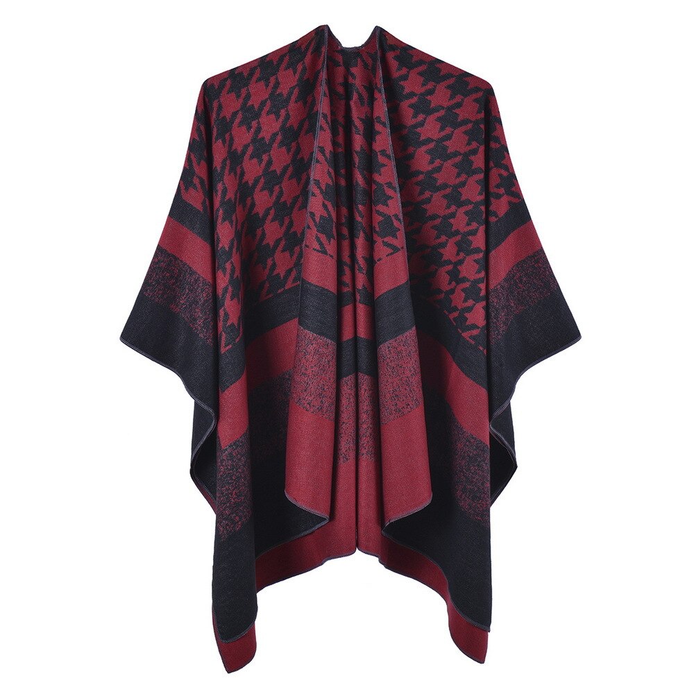 Poncho Femme Pied de Poule - rouge / Unique