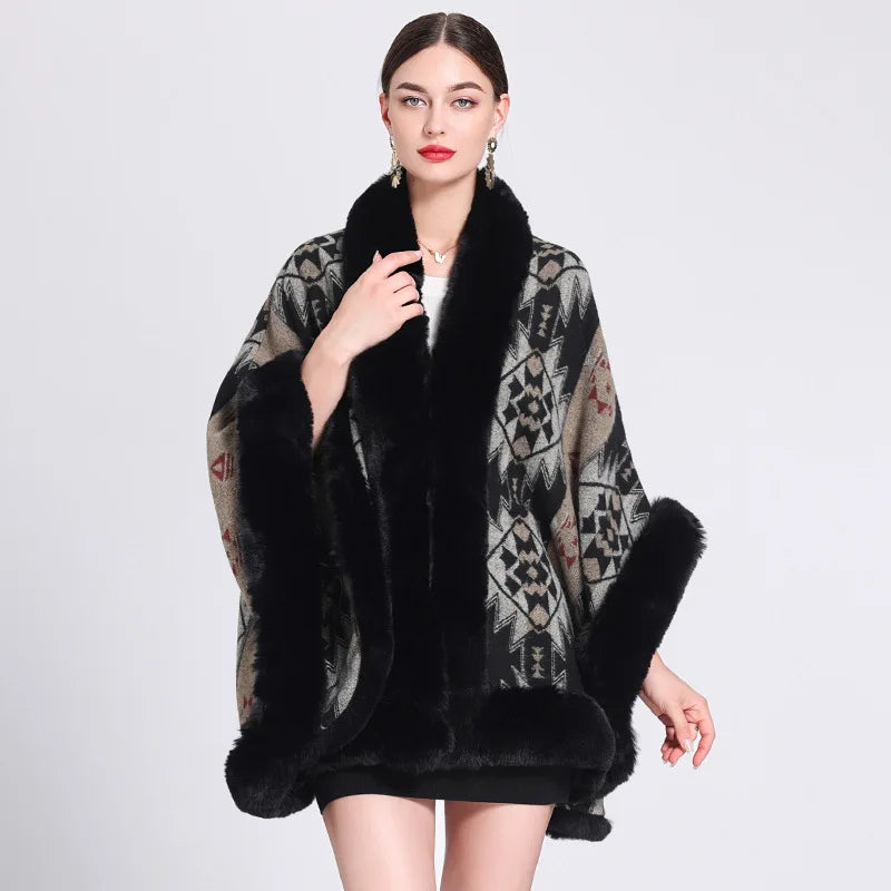 Poncho Femme Motif Ethnique - noir