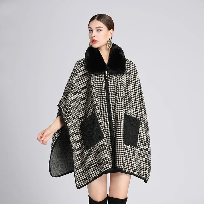 Poncho Fourrure Pied-de-poule