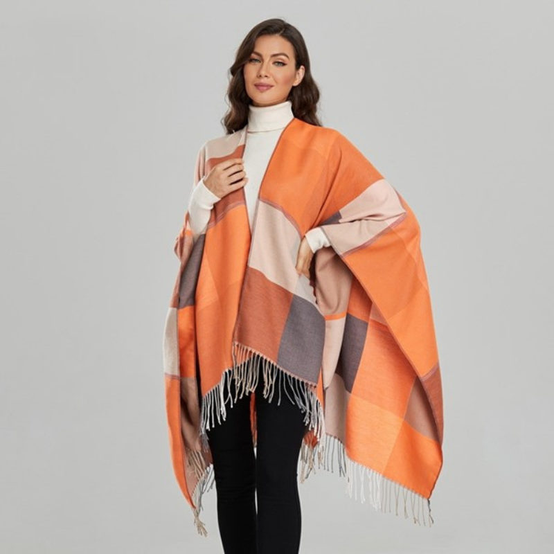 Poncho Femme Carreaux Orange - Orange