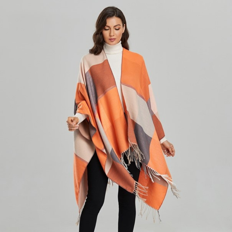 Poncho Femme Carreaux Orange - Orange