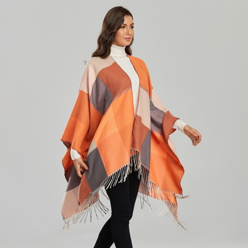 Poncho Femme Carreaux Orange - Orange