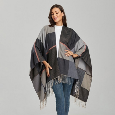 Poncho Femme Carreaux Gris - Gris